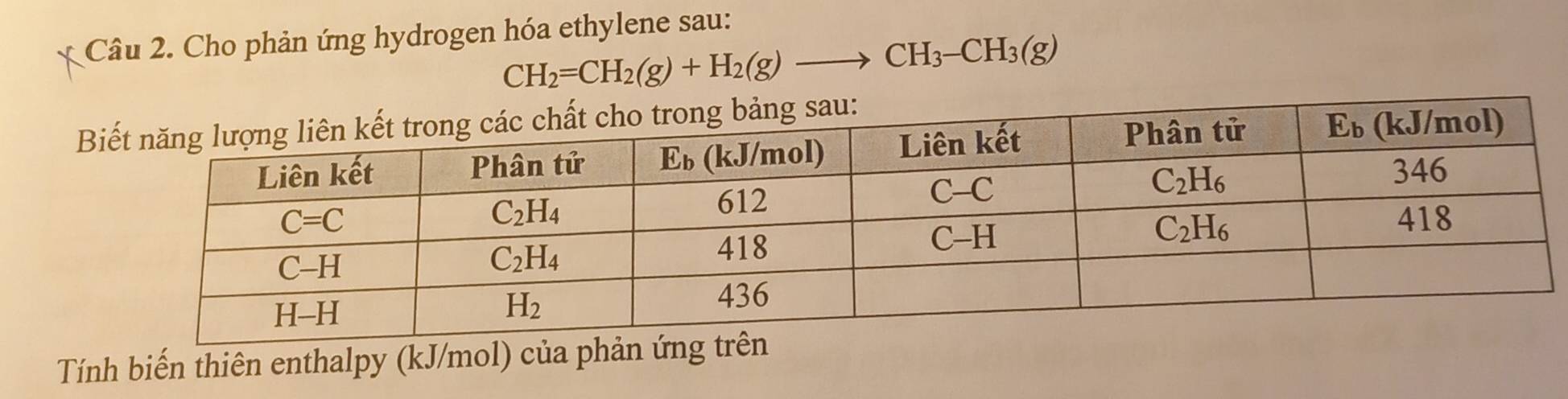 Cho phản ứng hydrogen hóa ethylene sau:
CH_2=CH_2(g)+H_2(g)to CH_3-CH_3(g)
B
Tính biến thiên enthalpy (kJ/mol) của phản ứng trên