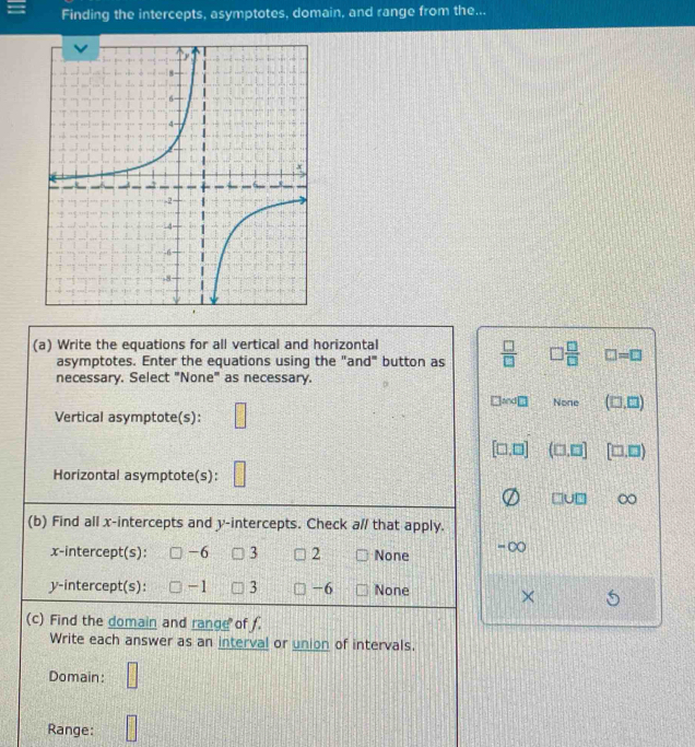 Finding the intercepts, asymptotes, domain, and range from the...
(a) Write the equations for all vertical and horizontal
asymptotes. Enter the equations using the "and" button as  □ /□   □  □ /□   □ =□
necessary. Select "None" as necessary.
ond13 None (□ ,□ )
Vertical asymptote(s): □
[□ ,□ ] (□ ,□ ] [□ ,□ )
Horizontal asymptote(s):
(b) Find all x-intercepts and y-intercepts. Check a// that apply.
x-intercept(s): -6 3 2 None - ∞
y-intercept(s): -1 3 -6 None ×
(c) Find the domain and range of f
Write each answer as an interval or union of intervals.
Domain:
Range: