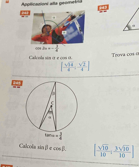 Applicazioni alla geometria
243
24
cos 2alpha =- 3/4 
Trova cos α
Calcola sin α e cos alpha .
[ sqrt(14)/4 ; sqrt(2)/4 ]
245
Calcola sin beta e cos beta . [ sqrt(10)/10 ; 3sqrt(10)/10 ]