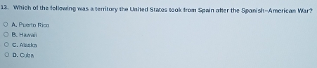 Which of the following was a territory the United States took from Spain after the Spanish-American War?
A. Puerto Rico
B. Hawaii
C. Alaska
D. Cuba