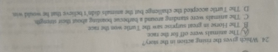 Which gives the rising action in the story?
A/The animals were off for the race
B. The Horse in great surprise saw the Turtle won the race
C. The animals were standing around a barbecue boasting about their strength.
D. The Turtle accepted the challenge but the animals didn’t believe that he would win.