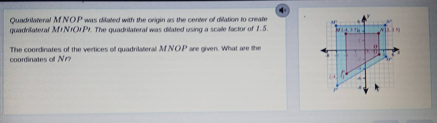 Quadrilateral MNOP was dilated with the origin as the center of dilation to create
quadrilateral M'N'O/P!. The quadrilateral was dilated using a scale factor of 1.5.
The coordinates of the vertices of quadrilateral MNOP are given. What are the
coordinates of N/?