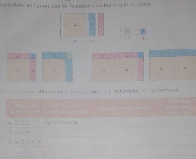 Considera las figuras que se muestran y realiza lo que se indica.
1 D 1
-1-
C
3 D
A C A B 
Completa la tabla con base en los cuadrados y rectángulos que se formaron.