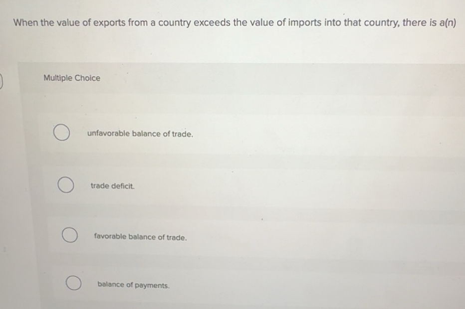 Solved: When the value of exports from a country exceeds the value of ...