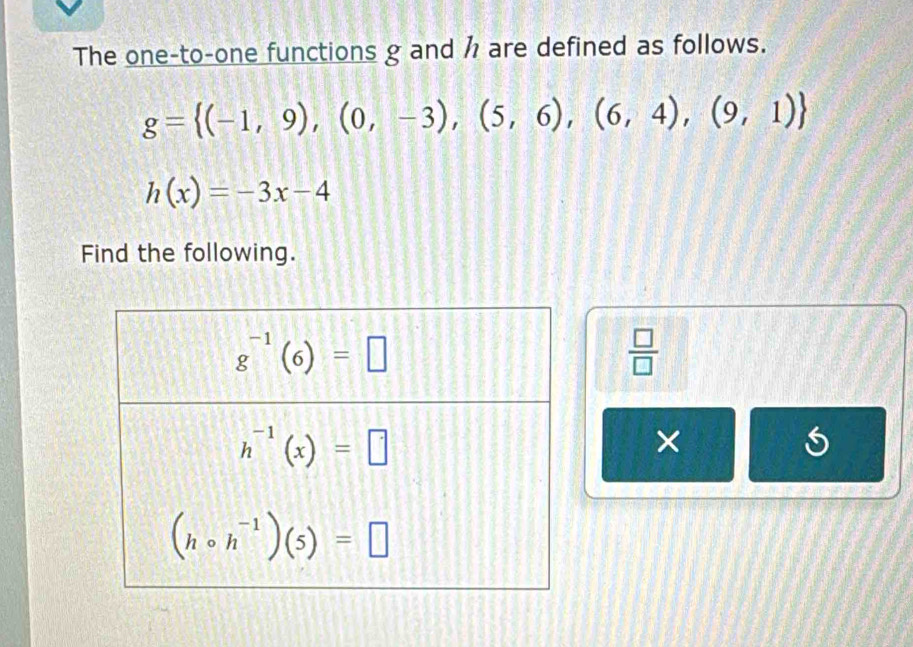 The one-to-one functions g and h are defined as follows.
g= (-1,9),(0,-3),(5,6),(6,4),(9,1)
h(x)=-3x-4
Find the following.
 □ /□  
×