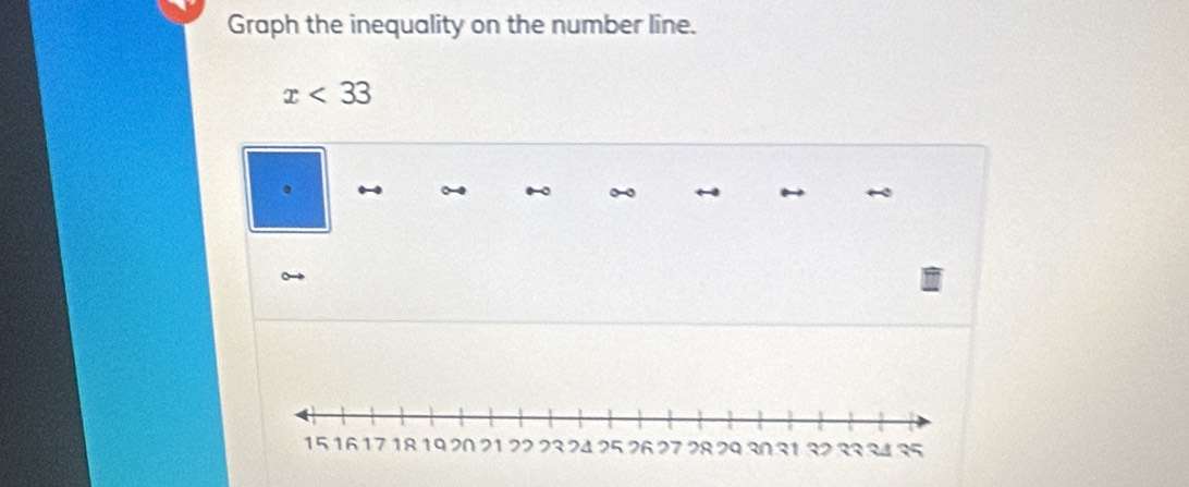 Graph the inequality on the number line.
x<33</tex>