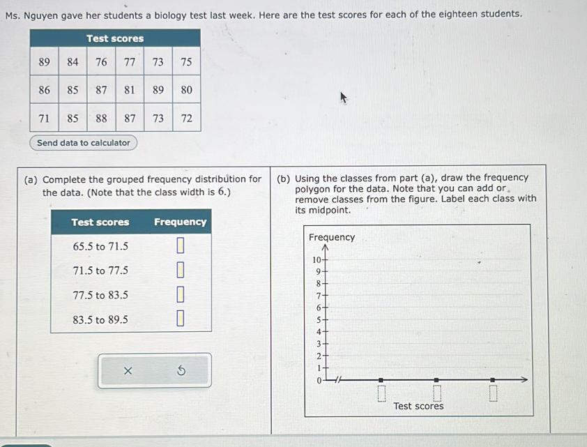 Ms. Nguyen gave her students a biology test last week. Here are the test scores for each of the eighteen students. 
Send data to calculator 
(a) Complete the grouped frequency distribution for (b) Using the classes from part (a), draw the frequency 
the data. (Note that the class width is 6.) polygon for the data. Note that you can add or。 
remove classes from the figure. Label each class with 
its midpoint. 



×