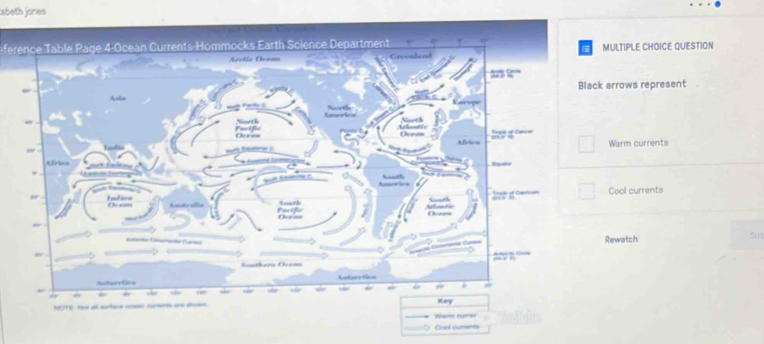 abeth jones
ference Table Page 4-Ocean Currents-Hommocks Earth Science DepartmentMULTIPLE CHOICE QUESTION
ck arrows represent
Warm currents
Cool currents
Rewatch Sut
Cool curents