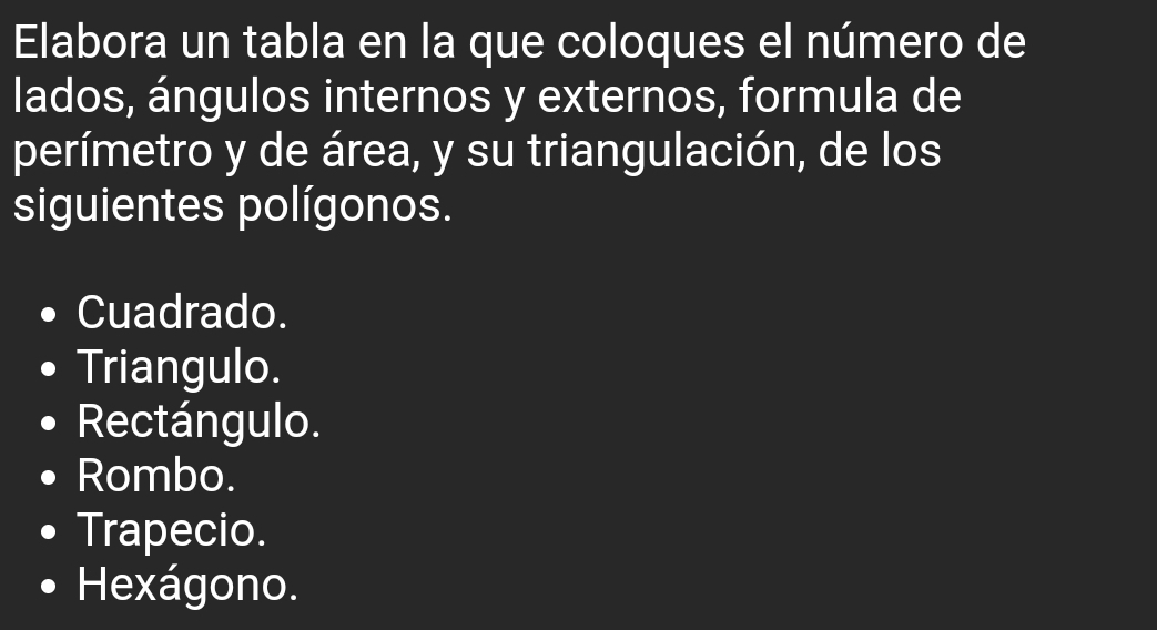 Elabora un tabla en la que coloques el número de
lados, ángulos internos y externos, formula de
perímetro y de área, y su triangulación, de los
siguientes polígonos.
Cuadrado.
Triangulo.
Rectángulo.
Rombo.
Trapecio.
Hexágono.