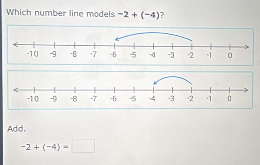 Which number line models -2+(-4) ?
Add.
-2+(-4)=□