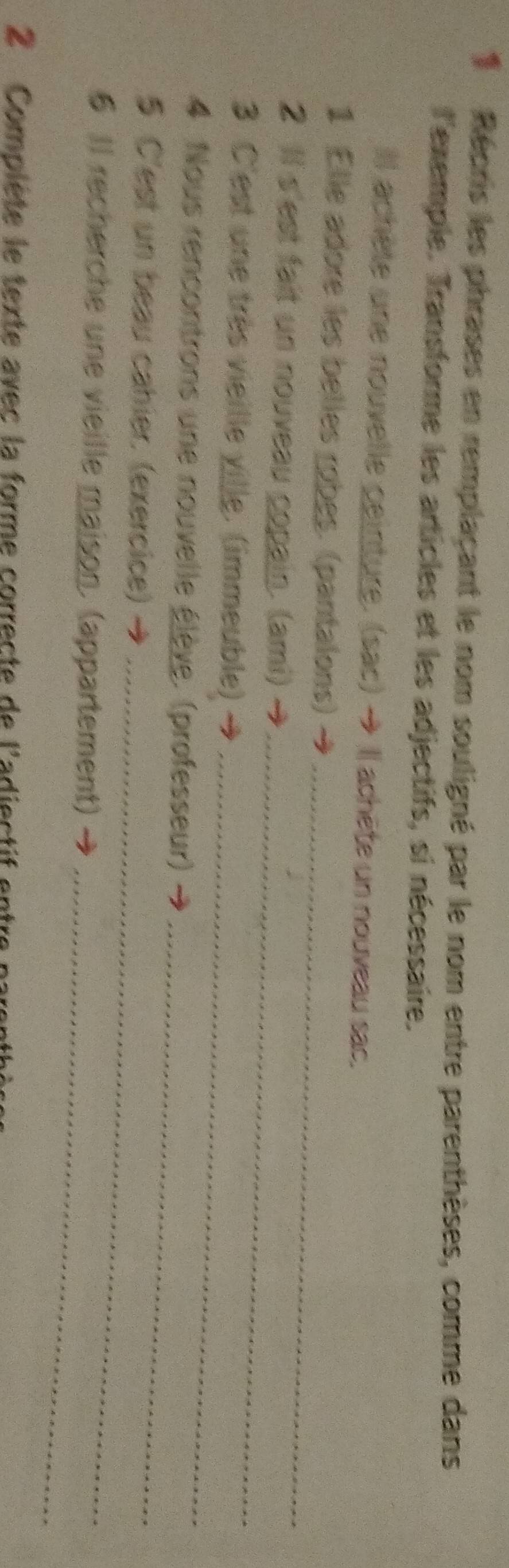 Répris les phrases en remplaçant le nom souligné par le nom entre parenthèses, comme dans 
l'exempie. Transforme les articles et les adjectifs, si nécessaire. 
Il achète une nouvelle ceinture. (sac) → I achēte un nouveau sac. 
_ 
1 Elle adore les belles robes. (pantaions) 
_ 
2 Il s'est fait un nouveau copain. (ami) 
_ 
3. C'est une très vieille yille. (immeuble) 
_ 
4. Nous rencontrons une nouvelle élève. (professeur) 
_ 
5 C'est un beau cahier. (exercice) 
_ 
6 Il recherche une vieille maison. (appartement) 
2 Complète le texte avec la forme correcte de l'adiectif entre parenthèc