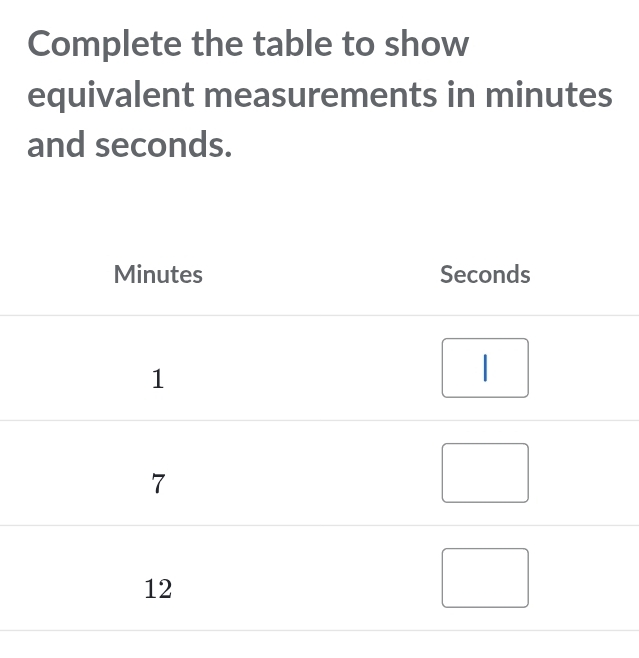 Complete the table to show 
equivalent measurements in minutes
and seconds.