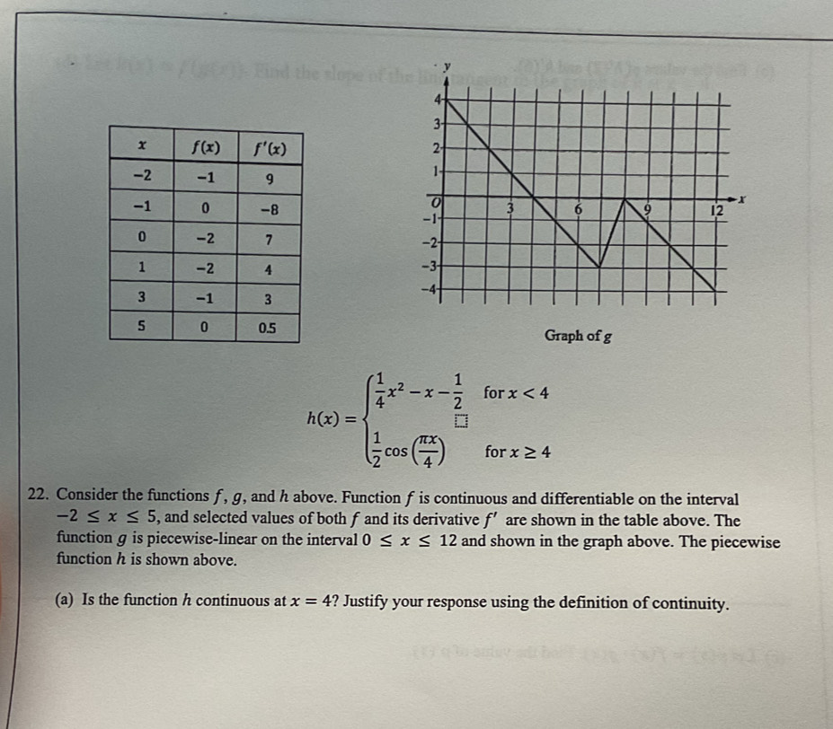 Graph of g
h(x)=beginarrayl  1/4 x^2-x- 1/2 forx<4  1/2 cos ( π x/4 )forx≥ 4endarray.
22. Consider the functions f, g, and h above. Function f is continuous and differentiable on the interval
-2≤ x≤ 5 , and selected values of both f and its derivative f' are shown in the table above. The
function g is piecewise-linear on the interval 0≤ x≤ 12 and shown in the graph above. The piecewise
function h is shown above.
(a) Is the function h continuous at x=4 ? Justify your response using the definition of continuity.