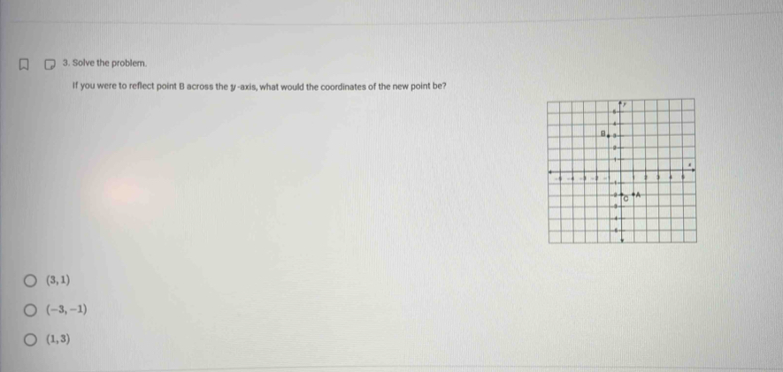 Solve the problem.
If you were to reflect point B across the y -axis, what would the coordinates of the new point be?
(3,1)
(-3,-1)
(1,3)