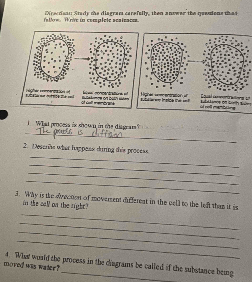 Directions: Study the diagram carefully, then answer the questions that 
follow. Write in complete sentences. 
f 
substance on both sides 
1. What process is shown in the diagram? 
_ 
_ 
2. Describe what happens during this process. 
_ 
_ 
_ 
3. Why is the direction of movement different in the cell to the left than it is 
in the cell on the right? 
_ 
_ 
_ 
_ 
4. What would the process in the diagrams be called if the substance being 
moved was water?