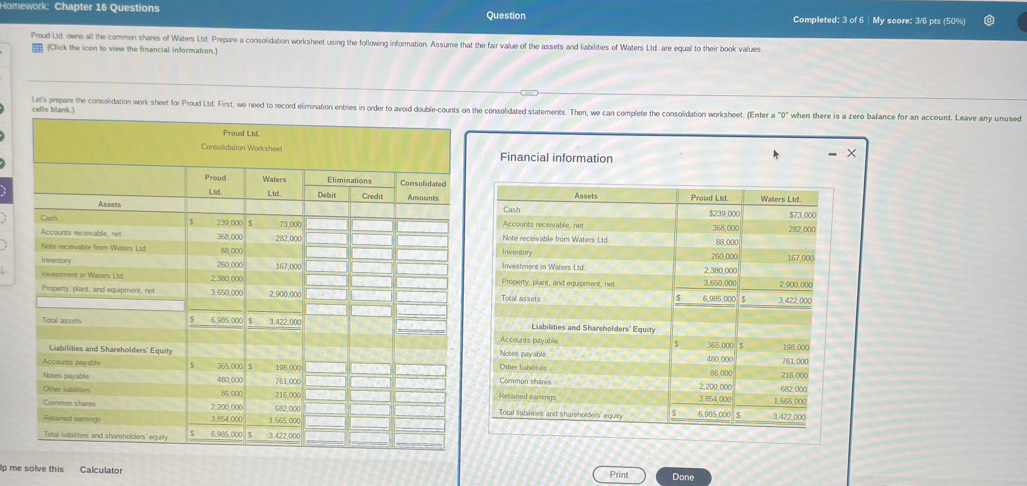 Homework: Chapter 16 Questions Question Completed: 3 of 6 |My score: 3/6 pts (50%) 
Proud Ltd, owns all the common shares of Waters Ltd. Prepare a consolidation worksheet using the following information. Assume that the fair value of the assets and labilities of Waters Ltd. are equal to their book values. 
(Click the icon to view the financial information. 
Let's prepare the consolidation work sheet for Proud Ltd. First, we need to record elimination entries in order to avoid double-counts on the consolidated statements. Then, we can complete the consolidation worksheet. (Enter a when there is a zero balance for an account. Leave any unused 
cells blank 
Financial information 
Cash Assets Proud Ltd. Waters Lid.
$239,000 $73,000
Accounts receivable, net 
Note receivable from Waters Ltd 88,000 282,000
368,000
Investment in Waters L1d. Inventory 260,000 167,000
Property, plant, and equipment, net 3,650,000
2,380,000 2,900,000
Total assets 3 422 000
5 6,985,000 $
Liabilities and Shareholders' Equity 
Accounts payable 365,000 $ 
Notes payable 480.00 198,000
Common shares Other faboities 85,000 216,000 761,000
2,200,000 682,000
Recained earnings
3.854.000 1.565,000
Total Sabilities and shareholders' equity 6,985,000 $ 3.422,000
p me solve this . Calculator Print Done