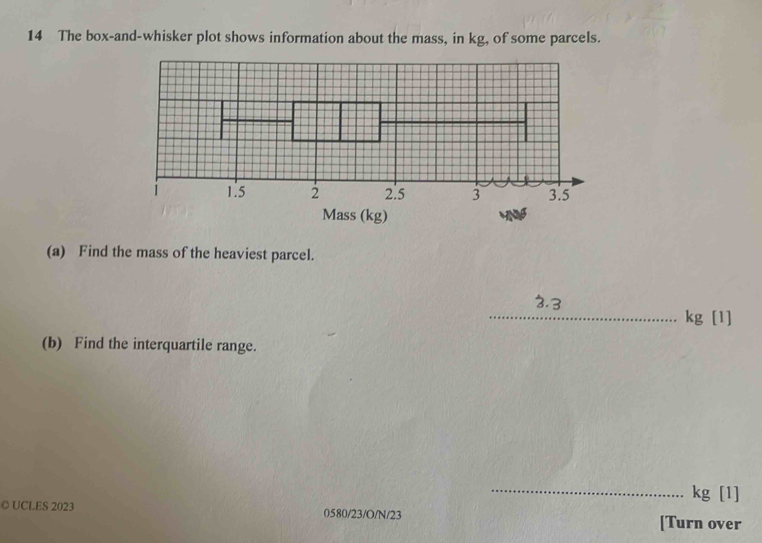 The box-and-whisker plot shows information about the mass, in kg, of some parcels. 
(a) Find the mass of the heaviest parcel. 
_ kg [1] 
(b) Find the interquartile range. 
_
kg [1] 
◎ UCLES 2023 0580/23/O/N/23 [Turn over