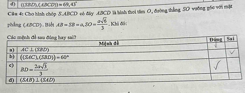 ((SBD),(ABCD))approx 69,43°
Câu 4: Cho hình chóp S.ABCD có đáy ABCD là hình thoi tan O , đường thẳng SO vuông góc với mặt
phẳng (ABCD). Biết AB=SB=a,SO= asqrt(6)/3 . Khi đó: