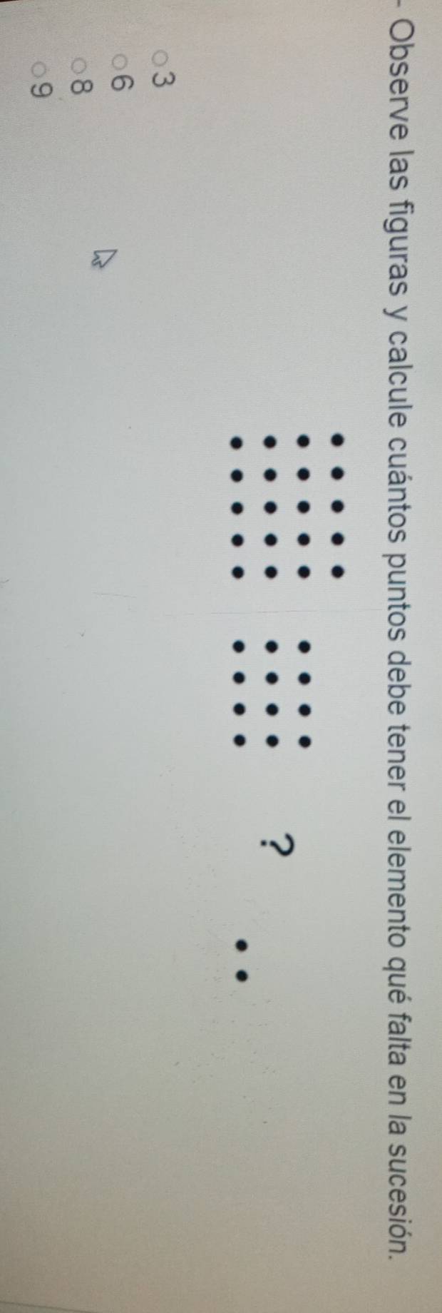 Observe las figuras y calcule cuántos puntos debe tener el elemento qué falta en la sucesión.
?
3
6
8
9