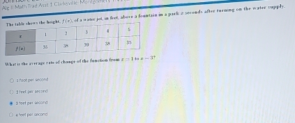 Ale II Math Trad Asst 1 Clacksville-Mondgonlel y
f(x) of a water jet, in feet, above a fountain in a park a seconds after turning on the water supply.
What is the average rate of change of the function from t=1 to x-3
a foot per second
2 feet per second
$ feet per socond
4 feet persecond