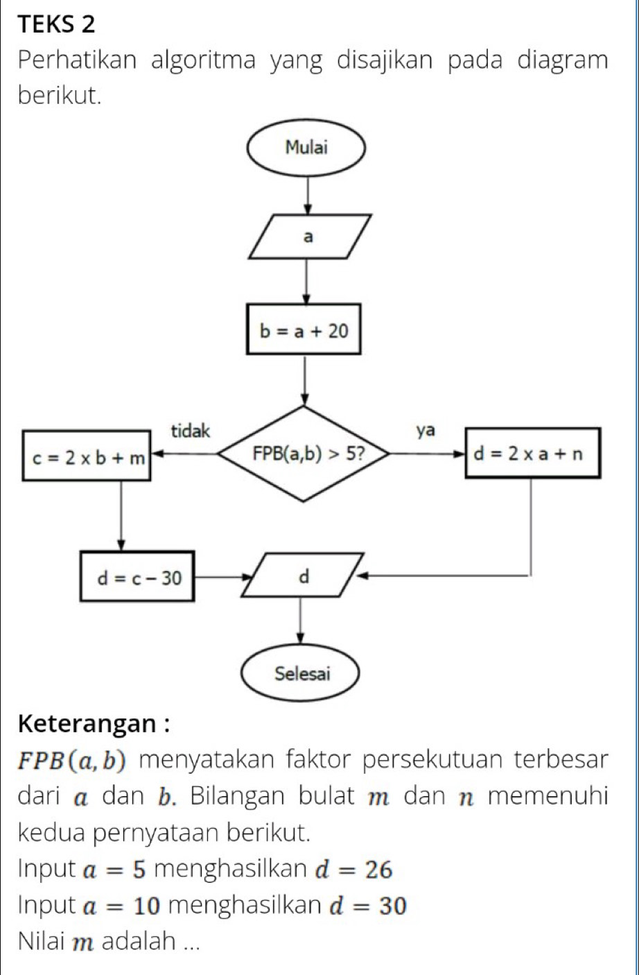 TEKS 2
Perhatikan algoritma yang disajikan pada diagram
berikut.
Keterangan :
FPB(a,b) menyatakan faktor persekutuan terbesar
dari á dan b. Bilangan bulat m dan n memenuhi
kedua pernyataan berikut.
Input a=5 menghasilkan d=26
Input a=10 menghasilkan d=30
Nilai m adalah ...