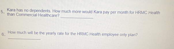 Kara has no dependents. How much more would Kara pay per month for HRMC Health 
_ 
than Commercial Healthcare? 
_ 
6. How much will be the yearly rate for the HRMC Health employee only plan?