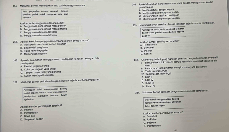 Maklumat berikut menunjukkan satu contoh penggunaan dana. 258. Apakah kelebihan mendapat sumber dana dengan menggunakan kaedan
perfaktoran?
Satu perjanjian antara pemajak dengan A. Mendapat tunal dengan segera
syarikot pajak untuk menyewa satu ase B. Mengurangkan pembayaran faedah
tertentu. C. Mengurangkan kecairan perniagaan
Apakah jenis penggunaan dana tersebut? D. Meningkatkan simpanan periagaan
A. Penggunaan dana jangka masa pendek 259. Maklumat berikut berkaitan dengan kekuatan sejenis sumber pembiayaan.
B. Penggunaan dana jangka masa panjang
C. Penggunsan dana modal harta Perniogoan tidak perlu membuat bayaran
D. Penggunaan dana modal kerja balik beserta foedah secora berkala kepada
255. Apakah kelebihan penggunaan simpanan sendiri sebagai modal? pelabur
B. Saiz modal yang besar A. Pemfaktoran Apakah sumber pembiayaan tersebut?
A. Tidak periu membayar faedah pinjaman
C. Tiada risiko kegagalan C. Pajakan
D. Memerlukan cagaran B. Sewa beli
D. Saham
256. Apakah kelemahan menggunakan pendapatan tertahan sebagai data
A. Faedah pinjaman tinggi 260. Antara yang berikut, yang manakah berkaitan dengan kelemahan overdra?
perniagaan?
I Bank berhak untuk menarik semula kemudahan overdraf pada bila-bila
B. Cukai pemiagaan yang tingg masa
C. Tempoh bayar balik yang panjang II Pembayaran balik pinjaman mengikut masa yang ditetapkan
D. Susah mendapat kelulusan V Kadar faedah lebih tinggi Ill Tiada had maks mum
257. Maklumat berikut berkaitan dengan kekuatan sejenis sumber pembiayaan. A. I dan II B. I dan IV
C. Il dan IIl
Perniagaan boleh menggunakan barang
modal sepertí jentera untuk menghasilkan D. III dan IV
pendapatan wolaupun bayaran belum 261. Maklumat berikut berkaitan dengan sejenis sumber pembiayaan.
dijelaskan. Siti Fatimah menggadaikan barang
Apakah sumber pembiayaan tersebut? kemasaya untuk mendapat pinjamon
A. Pajakan tunal dengan segera
B. Pemfaktoran
C. Sewa bell A. Sewa beli Apakah sumber pembiayaan tersebut?
D. Simpanan sendiri B. Ar-Rahnu
C. Pajakan
D. Pemfaktoran
62