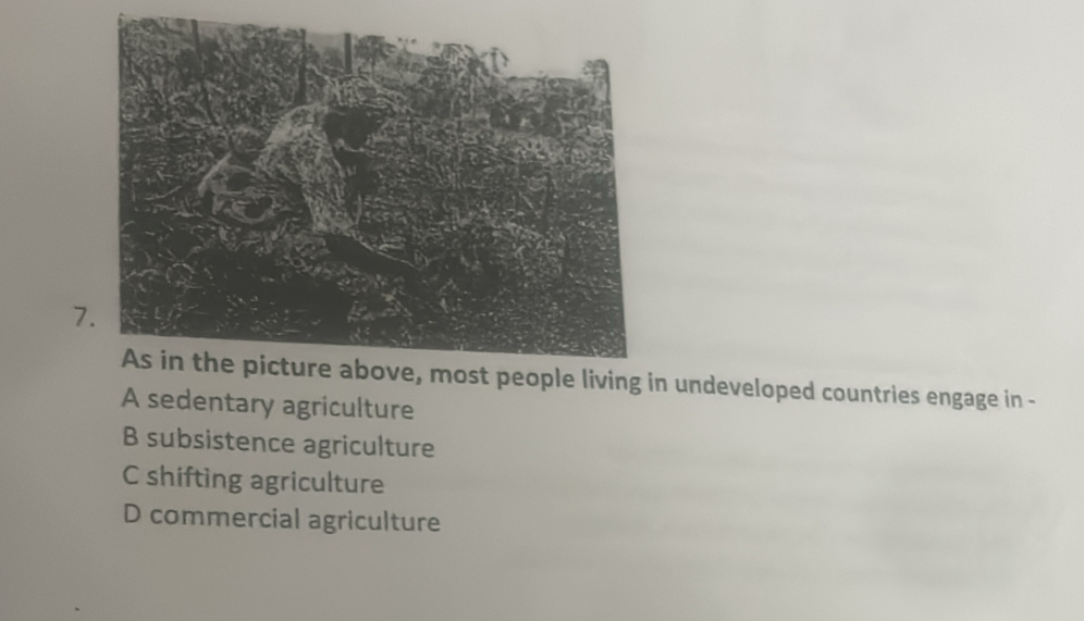 in undeveloped countries engage in -
A sedentary agriculture
B subsistence agriculture
C shifting agriculture
D commercial agriculture