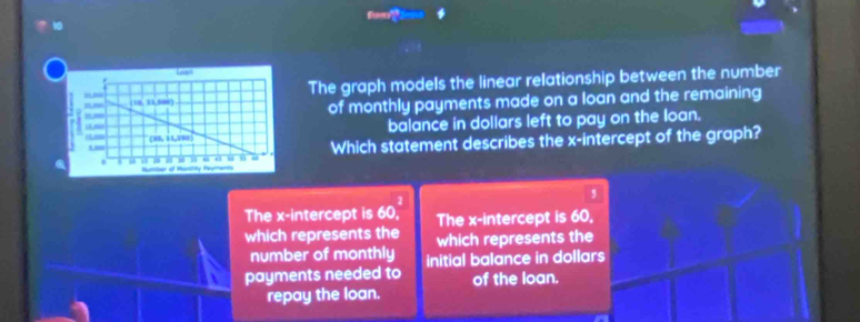 The graph models the linear relationship between the number 
of monthly payments made on a loan and the remaining 
balance in dollars left to pay on the loan. 
Which statement describes the x-intercept of the graph? 
2 
, 
The x-intercept is 60,' The x-intercept is 60, 
which represents the which represents the 
number of monthly initial balance in dollars
payments needed to of the loan. 
repay the loan.