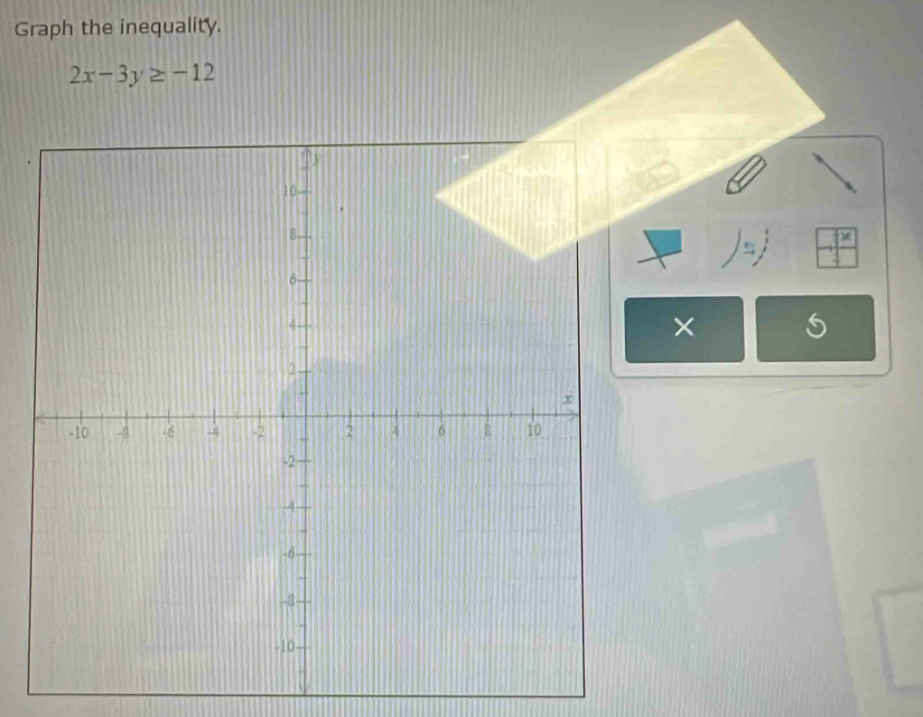 Graph the inequality.
2x-3y≥ -12
×