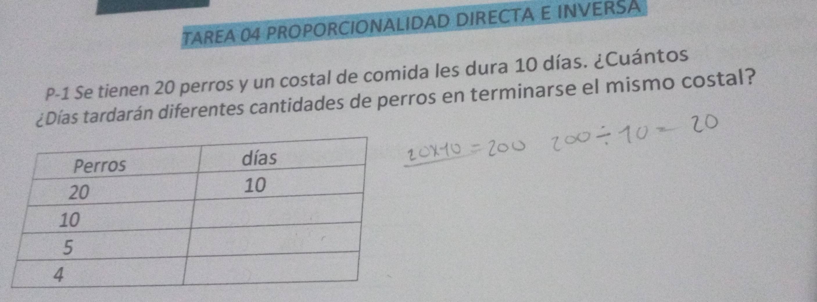 TAREA 04 PROPORCIONALIDAD DIRECTA E INVERSA 
P-1 Se tienen 20 perros y un costal de comida les dura 10 días. ¿Cuántos 
¿Días tardarán diferentes cantidades de perros en terminarse el mismo costal?