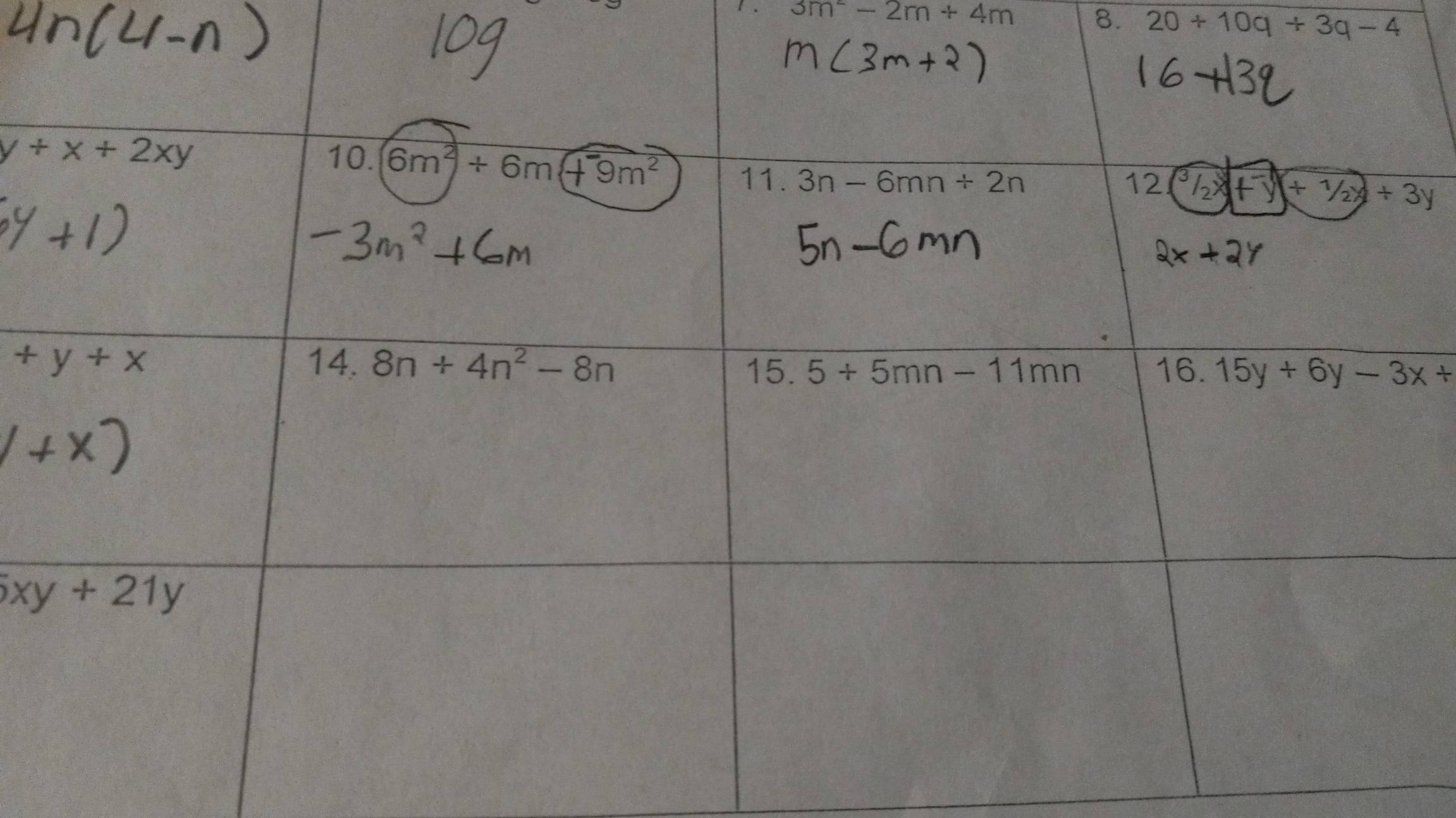 3m^2-2m+4m 8. 20+10q+3q-4