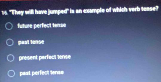 "They will have jumped" is an example of which verb tense?
future perfect tense
past tense
present perfect tense
past perfect tense