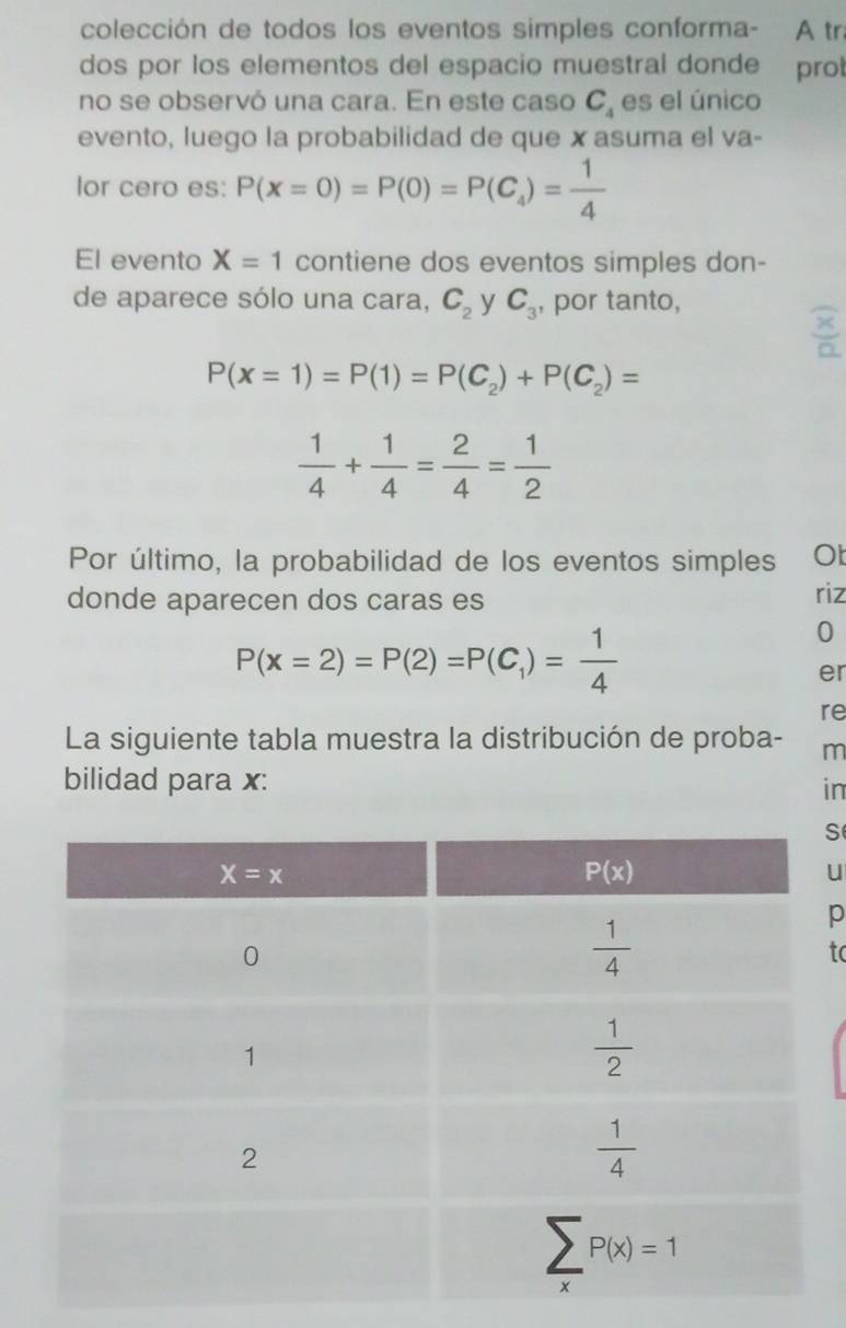 colección de todos los eventos simples conforma- A tr
dos por los elementos del espacio muestral donde prot
no se observó una cara. En este caso C_4 es el único
evento, luego la probabilidad de que x asuma el va-
lor cero es: P(x=0)=P(0)=P(C_4)= 1/4 
El evento X=1 contiene dos eventos simples don-
de aparece sólo una cara, C_2 y C_3 , por tanto,
P(x=1)=P(1)=P(C_2)+P(C_2)=
 1/4 + 1/4 = 2/4 = 1/2 
Por último, la probabilidad de los eventos simples O
donde aparecen dos caras es riz
P(x=2)=P(2)=P(C_1)= 1/4 
0
er
re
La siguiente tabla muestra la distribución de proba- m
bilidad para x: in
S
u
p
to