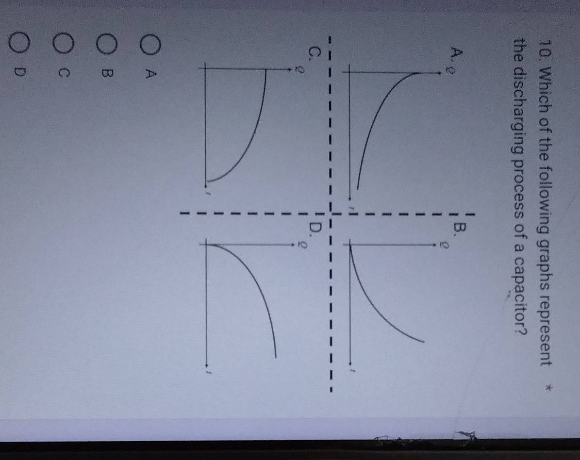 Which of the following graphs represent *
the discharging process of a capacitor?
B.
C.
D.
A
B
C
D