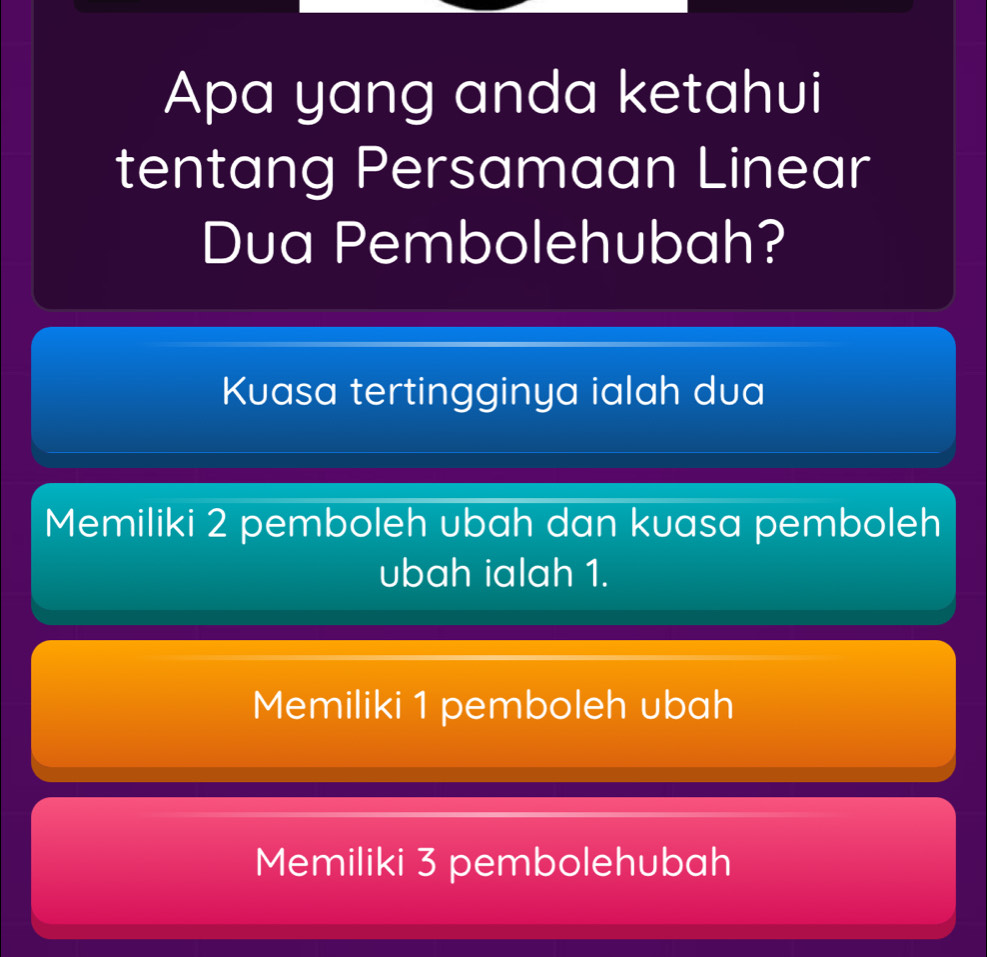 Apa yang anda ketahui
tentang Persamaan Linear
Dua Pembolehubah?
Kuasa tertingginya ialah dua
Memiliki 2 pemboleh ubah dan kuasa pemboleh
ubah ialah 1.
Memiliki 1 pemboleh ubah
Memiliki 3 pembolehubah