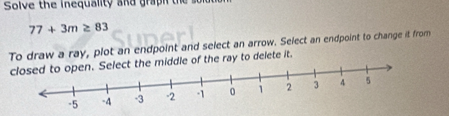 Solve the inequality and graph the so
77+3m≥ 83
To draw a ray, plot an endpoint and select an arrow. Select an endpoint to change it from 
t the middle of the ray to delete it.