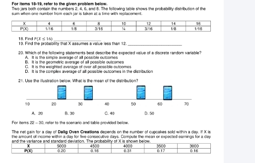 For items 18-19, refer to the given problem below
Two jars both contain the numbers 2. 4. 6, and 8. The following table shows the probability distribution of the
sum when one number from each jar is taken at a time with replacement.
18. Find P(X≤ 16)
_
19. Find the probability that X assumes a value less than 12._
20. Which of the following statements best describe the expected value of a discrete random variable?
A. It is the simple average of all possible outcomes
B. It is the geometric average of all possible outcomes
C. It is the weighted average of over all possible outcomes
D. It is the complex average of all possible outcomes in the distribution
21. Use the illustration below. What is the mean of the distribution?
For items 22 -30, refer to the scenario and table provided below.
The net gain for a day of Dallig Oven Creations depends on the number of cupcakes sold within a day. If X is
the amount of income within a day for five consecutive days. Compute the mean or expected earnings for a day