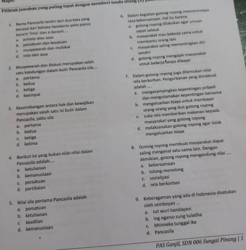 Maper
Pilihlah jawaban yang paling tepat dengan memberi tanda silang X  
1. Nama Pancasila terdiri dari dua kata yang 6. Dalam kegiatan gotong royong mencerminkan
berasal dari bahasa Sanskerta yaitu panca rasa kebersamaan. Hal itu karena
berarti 'lima' dan si berarti ... a. gotong royong dilakukan agar urusan
a. prinsip atau asas cepat selesai
b. persatuan dan kesatuan b. masyarakat mau bekerja sama untuk
c. musyawarah dan mufakat membantu orang lain
d. nilai dan asas c. masyarakat saling mementingkan diri
sendīri
2. Musyawarah dan diskusi merupakan salah d. gotong royong mengajak masyarakat
satu kandungan dalam butir Pancasila sila.... untuk bekerja tanpa dibayar
b. kedua 7. Dalam gotong royong juga ditemukan nilai
a. pertama
rela berkorban. Pengorbanan yang dimaksud
c. ketiga adalah ....
a. mengesampingkan kepentingan pribadi
d. keempat
3. Keseimbangan antara hak dan kewajiban dan mengutamakan kepentingan bersama
merupakan salah satu isi butir dalam b. mengeluarkan biaya untuk membayar
Pancasila, yaitu sila orang-orang yang ikut gotong royong
a. pertama c. suka rela memberikan makanan kepada
masyarakat yang gotong royong
c. ketiga d. melaksanakan gotong royong agar tidak
b. kedua
d. kelima mengeluarkan biaya
4. Berikut ini yang bukan nilai-nilai dalam 8. Gotong royong membuat masyarakat dapat
Pancasila adalah.... saling mengenal satu sama lain. Dengan
a. ketuhanan demikian, gotong royong mengandung nilai ....
b. kemanusiaan a. kebersamaan
c. persatuan b. tolong-menolong
d. pertikaian c. sosialișasi
d. rela berkorban
a. persatuan 9. Keberagaman yang ada di Indonesia disatukan
5. Nilai sila pertama Pancasila adalah
b. ketuhanan oleh semboyan ...
c. keadilan a. tut wuri handayani
d. kemanusiaan b. ing ngarso sung tuladha
c. bhinneka tunggal ika
d. Pancasila
PAS Ganjil, SDN 006 Sungai Pinang | 1