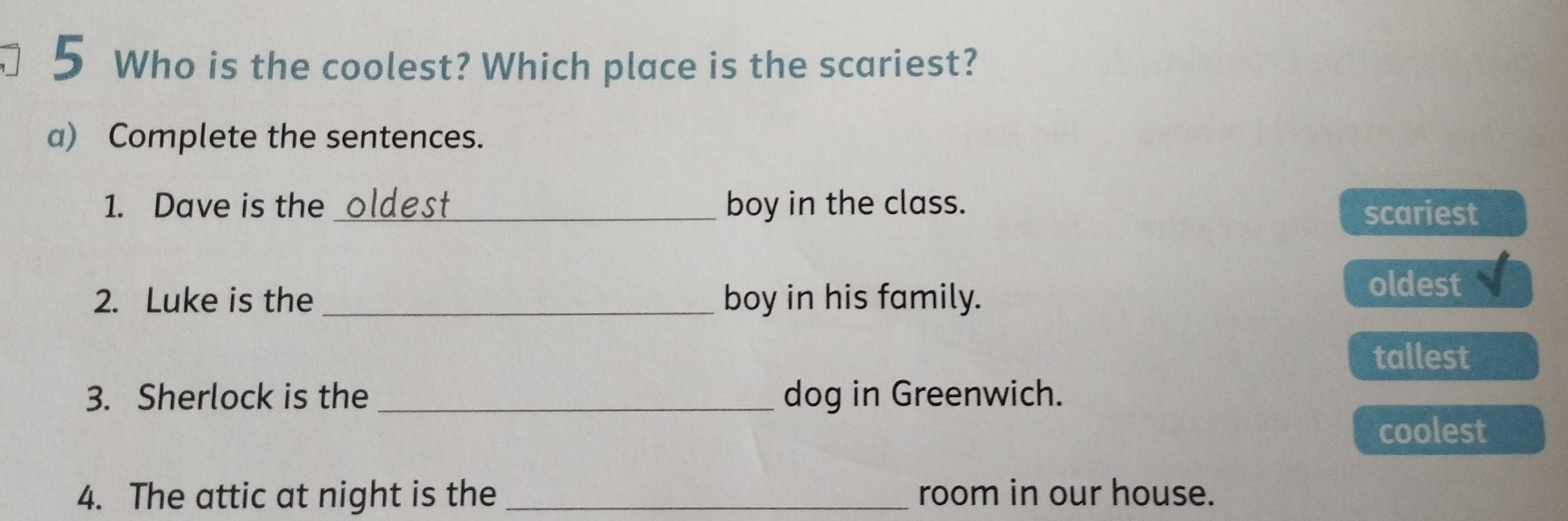 Who is the coolest? Which place is the scariest?
a) Complete the sentences.
1. Dave is the _boy in the class.
scariest
2. Luke is the _boy in his family.
oldest
tallest
3. Sherlock is the _dog in Greenwich.
coolest
4. The attic at night is the _room in our house.