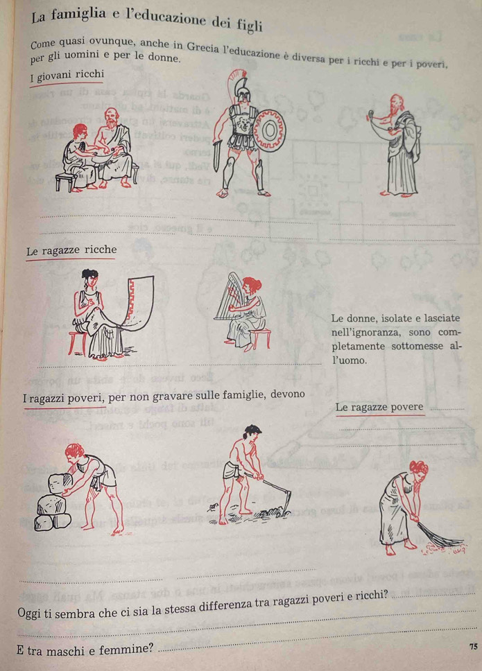 La famiglia e l'educazione dei figli 
Come quasi ovunque, anche in Grecia l'educazione è diversa per i ricchi e per i poveri, 
per gli uomini e per le donne. 
I giovani ricchi 
_ 
_ 
_ 
_ 
_ 
_ 
Le ragazze ricche 
Le donne, isolate e lasciate 
nell’ignoranza, sono com- 
pletamente sottomesse al- 
_ 
l’uomo. 
I ragazzi poveri, per non gravare sulle famiglie, devono 
Le ragazze povere_ 
_ 
_ 
_ 
_ 
_ 
Oggi ti sembra che ci sia la stessa differenza tra ragazzi poveri e ricchi?_ 
E tra maschi e femmine? 
_ 
75