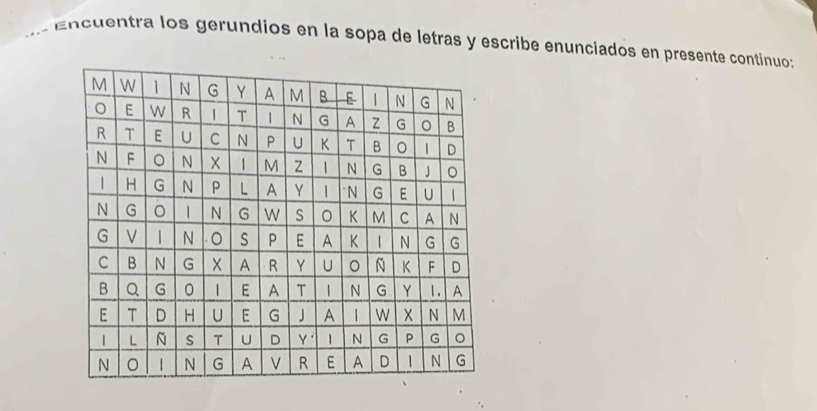 Encuentra los gerundios en la sopa de letras y escribe enunciados en presente continuo: