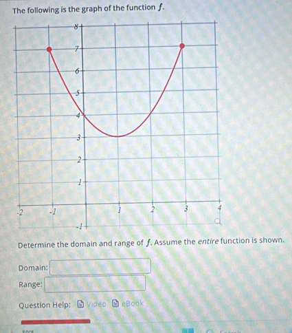 The following is the graph of the function f. 
Determine the domain and range of f. Assume the entire function is shown. 
Domain: 
Range: 
Question Help: Video eBook