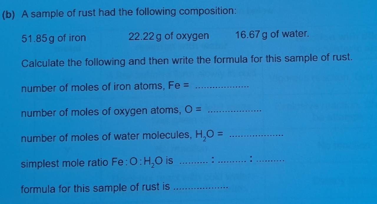 Solved: A sample of rust had the following composition: 51.85g of iron ...
