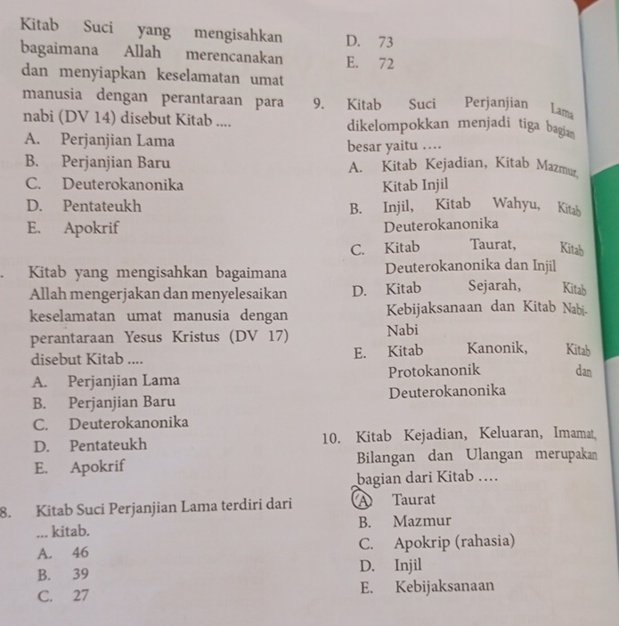 Kitab Suci yang mengisahkan D. 73
bagaimana Allah merencanakan E. 72
dan menyiapkan keselamatan umat
manusia dengan perantaraan para 9. Kitab Suci Perjanjian Lama
nabi (DV 14) disebut Kitab .... dikelompokkan menjadi tiga bagian
A. Perjanjian Lama besar yaitu …
B. Perjanjian Baru A. Kitab Kejadian, Kitab Mazmur,
C. Deuterokanonika Kitab Injil
D. Pentateukh B. Injil, Kitab Wahyu, Kitab
E. Apokrif Deuterokanonika
C. Kitab Taurat, Kitab
Kitab yang mengisahkan bagaimana Deuterokanonika dan Injil
Allah mengerjakan dan menyelesaikan D. Kitab Sejarah, Kitab
keselamatan umat manusia dengan Kebijaksanaan dan Kitab Nabi.
perantaraan Yesus Kristus (DV 17) Nabi
disebut Kitab .... E. Kitab Kanonik, Kitab
A. Perjanjian Lama Protokanonik
dan
B. Perjanjian Baru Deuterokanonika
C. Deuterokanonika
D. Pentateukh 10. Kitab Kejadian, Keluaran, Imamat,
E. Apokrif Bilangan dan Ulangan merupakan
bagian dari Kitab …..
8. Kitab Suci Perjanjian Lama terdiri dari ④ Taurat
... kitab. B. Mazmur
A. 46 C. Apokrip (rahasia)
B. 39 D. Injil
C. 27 E. Kebijaksanaan