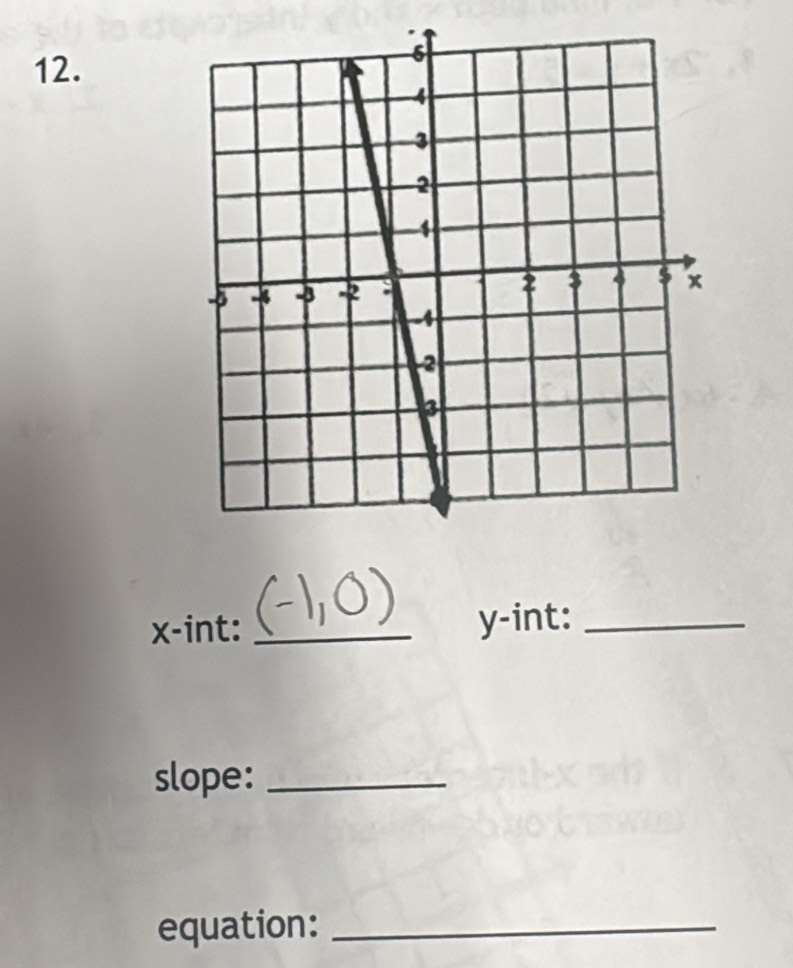 x -int: _ y -int:_ 
slope:_ 
equation:_