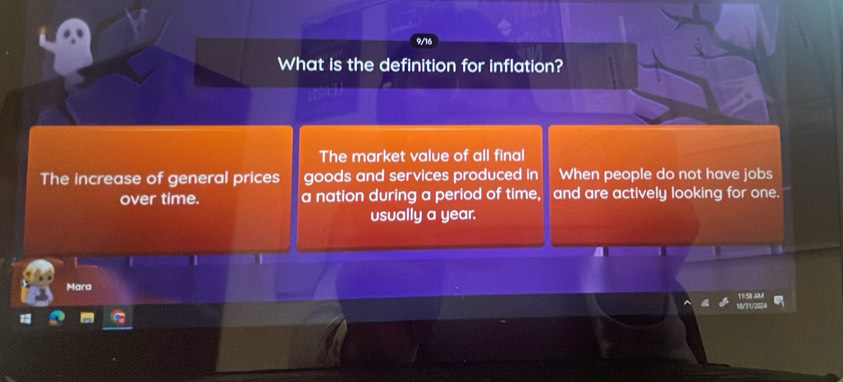 What is the definition for inflation?
The market value of all final
The increase of general prices goods and services produced in When people do not have jobs
over time. a nation during a period of time, and are actively looking for one.
usually a year.
Mara