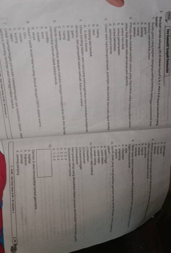Tes Sumatif Tengah Semestor
a. geometls
b. organik
benar!
lgurat
C. sbstrak
l. Berilah tanda silang (X) di depan huruf a, b, c atau d di depan jawaban yang 8. Bentuk yong labih mengutemakan ekposi das pereas se e  
1. Suatu garis yang bagian ujungnya saling bertemu sehingga membentuk area objek yang nyata adalan bentux.
tertutup membentuk unsur . . ..
a. garis 9. geomstrfs
b. organik
b. bidang s abatrak
c. ruang
d. simbolis
d.tekstur
9. Tekrak cetak dalam menggunakan alall yang disebut burn begune asa reges
2. Prinsip atau kaidah-kaidah umum yang digunakan untuk menempatkan unsur logam disebut taknik 
unsur fisik dalam sebuah karya seni disebut ....
a. elsa
a. unsur non fisik b.mezzotint
b. unsur penempatan c. engraving
c. unsur penataan d. drypoint
d. semuanya benar
10. Teknik cetak yang menghasilkan gambar yang sama dengan ness sasamys
3. Unsur seni rupa berupa tampak, potongan atau bentuk dan suatu objek disebu adalah ....
a. ruang b. cetak datam a cetak tinggi
c oetak datar
b. raut d. cetak saring
c. bidang dan bentuk
d. b dan c benar 11. Perhatikan data berikut!
4. Unsur penting dalam seni rupa yang memungkinkan kita merasakan kedalaman (1)Ketelitian
dimensi, dan perspektif dalam sebuah karya seni adalah .... (2)Ketekunan
a. garis (3)Keberuntungan (4)Kesabaran
Merupakan sikap yang dibutuhkan dalam proses pembuatan karya sen graßs
b. bidang ditunjukkan oleh nomor . ...
c. ruang
d. wama b.2,3, 4
5. Teknik menggambar ataupun melukis dengan menggunakan titik-titik sampa a. 1,2,3
membentuk sebuah objek adalah teknik .. .. c.1, 2,4
d. 1,3. 4
12
a. pointilis
b arsir
c.dussel
6. Huruf Y pada acuan warna yang dikenal dengan CMYK adalah wama ....
d. siluet
Gambar di atas menunjukkan bentuk geometris . ...
a. segitiga
a. biru
b. lingkaran
b. merah
c. kuning
d. persegi panjang
7 Untuk mempertegas perasaan kesederhanaan dan ketertiban dalam kary c persegi
d. hitam
seninya, seorang seniman akan menggunakan bentuk ....
C - DLBP - Seni Rups Kelas III SD / M1 Semester 2 35
* Sahí Rupa Kalse III S0 / Mi Sømesher 2
