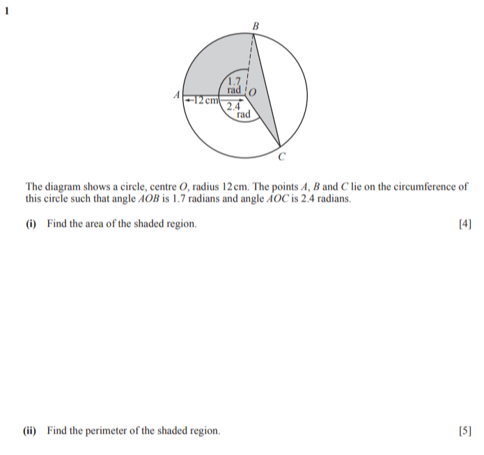 The diagram shows a circle, centre O, radius 12cm. The points A, B and C lie on the circumference of
this circle such that angle 4OB is 1.7 radians and angle 4OC is 2.4 radians.
(i) Find the area of the shaded region. [4]
(ii) Find the perimeter of the shaded region.. [5]