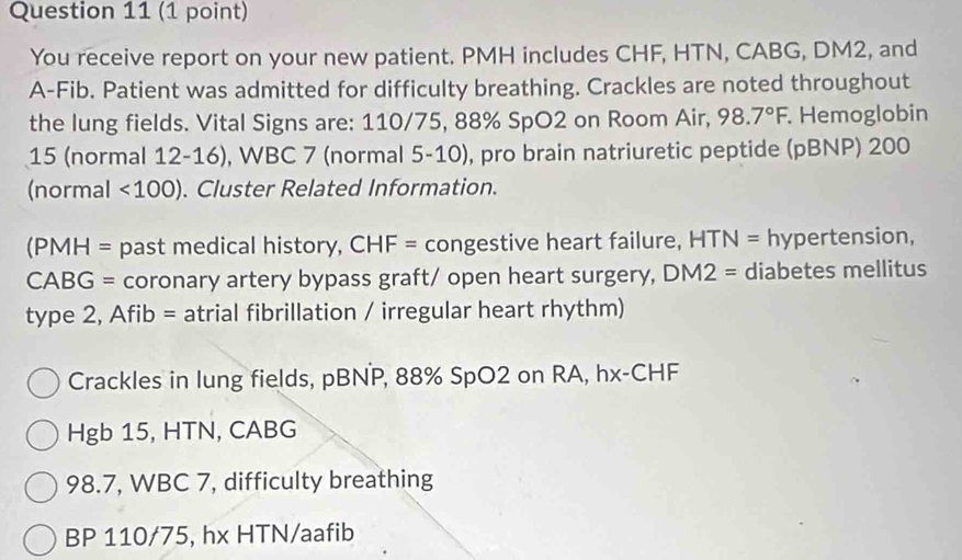 You receive report on your new patient. PMH includes CHF, HTN, CABG, DM2, and 
A-Fib. Patient was admitted for difficulty breathing. Crackles are noted throughout 
the lung fields. Vital Signs are: 110/75, 88% SpO2 on Room Air, 98.7°F. Hemoglobin 
15 (normal 12-16), WBC 7 (normal 5-10), pro brain natriuretic peptide (pBNP) 200 
(normal <100). Cluster Related Information. 
(PMH = past medical history, CHF= congestive heart failure, HTN = hypertension, 
CABG = coronary artery bypass graft/ open heart surgery, DM2= diabetes mellitus 
type 2, Afib = atrial fibrillation / irregular heart rhythm) 
Crackles in lung fields, pBNP, 88% SpO2 on RA, hx-CHF 
Hgb 15, HTN, CABG
98.7, WBC 7, difficulty breathing 
BP 110/75, hx HTN/aafib